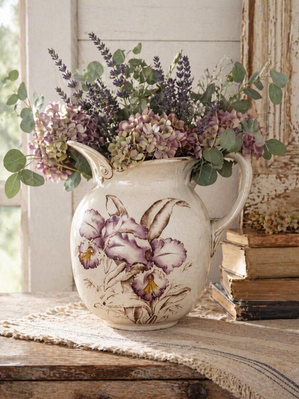 Vintage Floral Ceramic Pitcher Vase Crackle Glaze Cottagecore Farmhouse 10”